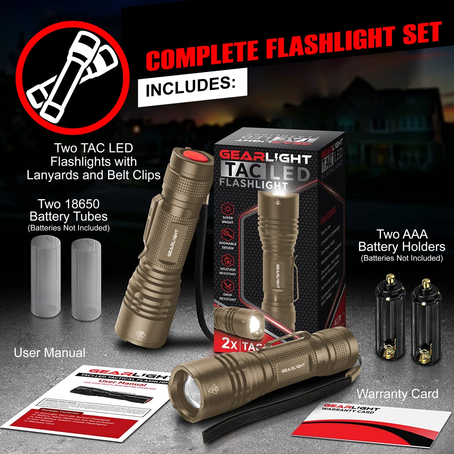 GearLight TAC LED Flashlight 2 Pack